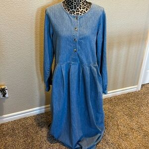 Women’s denim Maxi dress, long sleeve, 
2 side pockets, button to waist Sz12
EUC